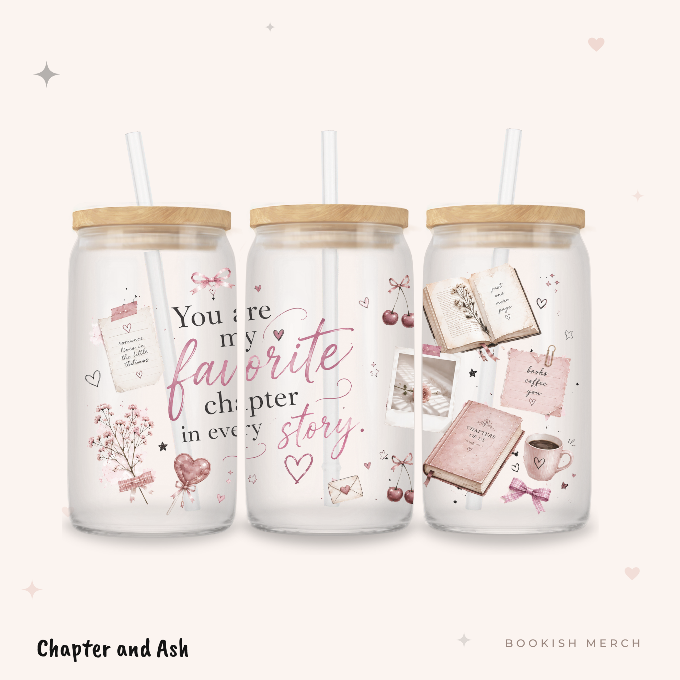 Favorite Chapter Dosenglas aus Glas, 470 ml, mit Motiv in Rosa, Weiß, Braun