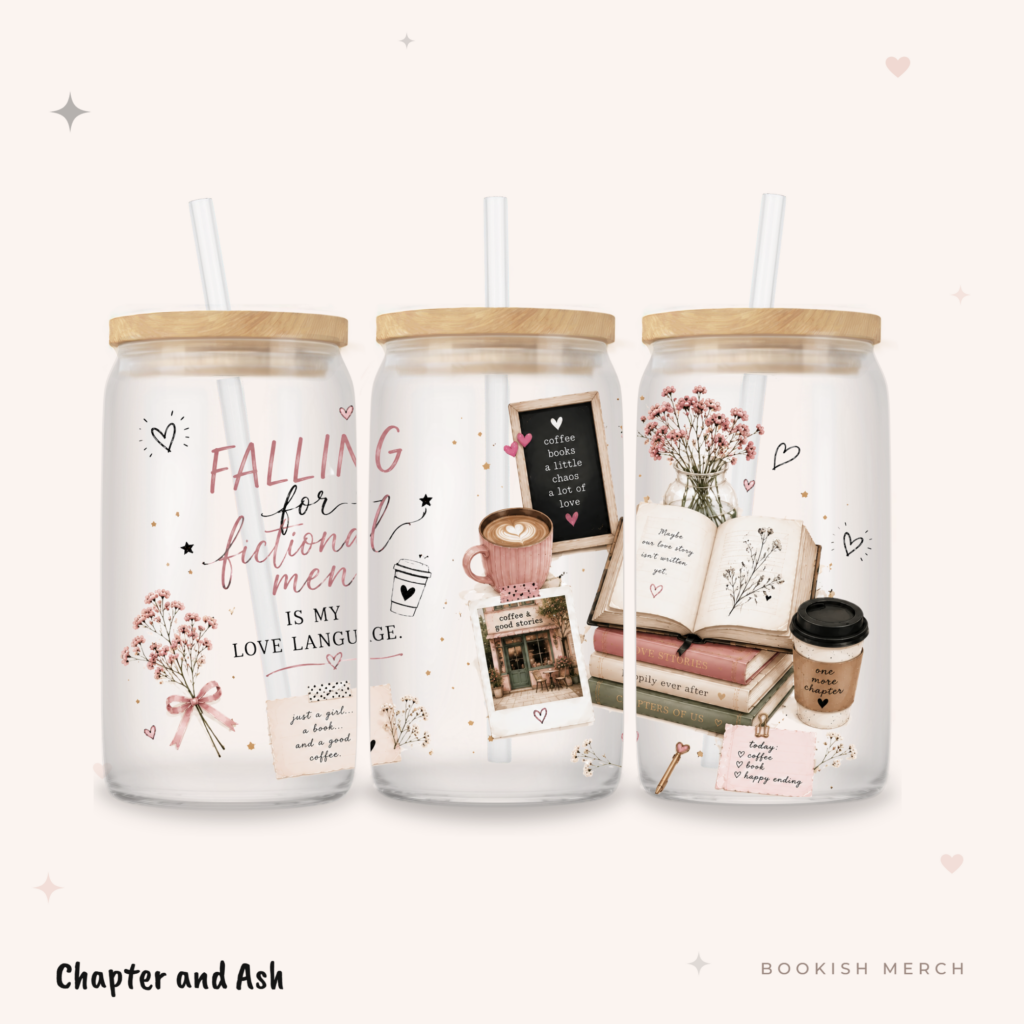 Falling for Fictional Men Dosenglas aus Glas, 470 ml, mit Motiv in Altrosa, Cremeweiß, Gold