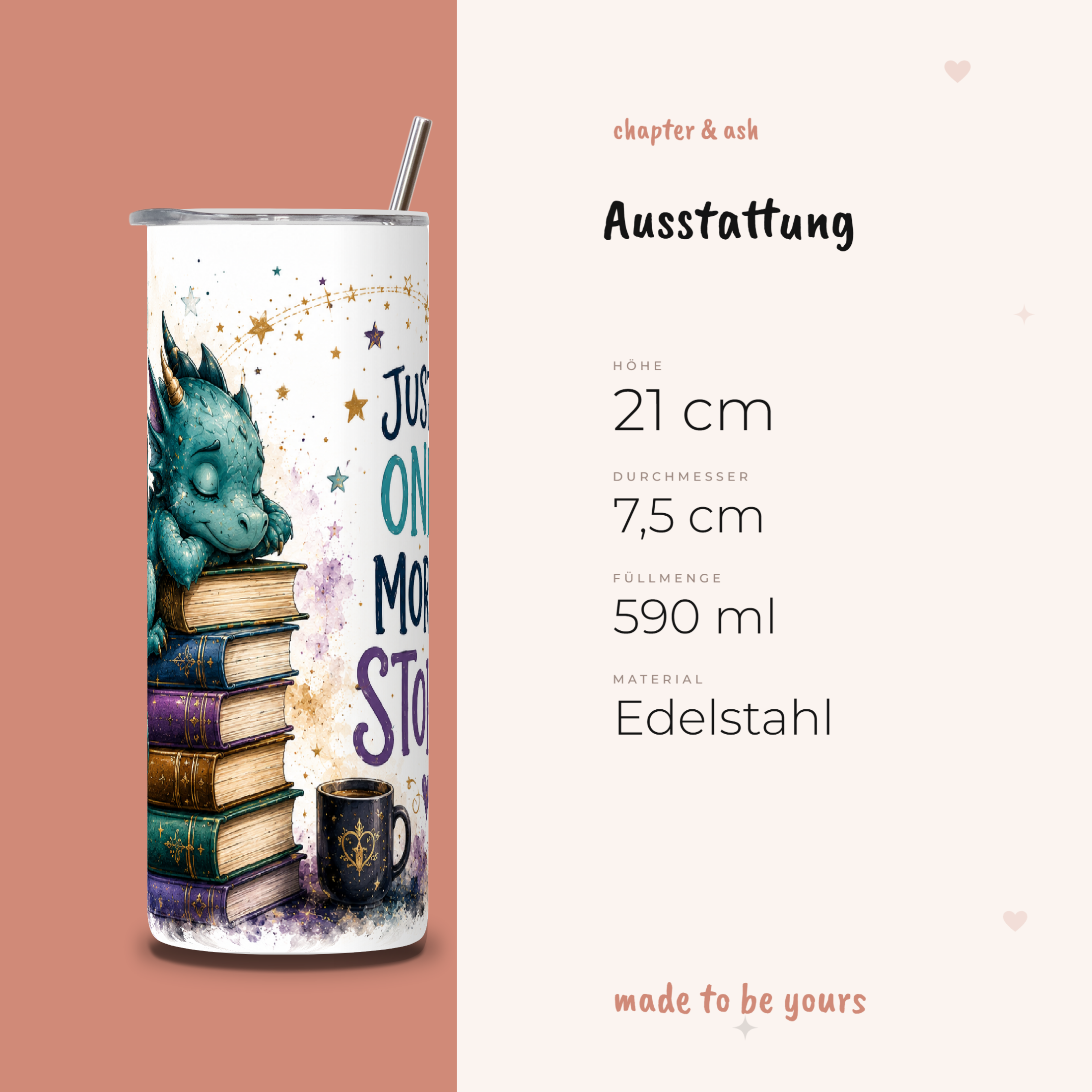 Just One More Story Thermobecher, 590 ml, mit Deckel und Edelstahlstrohhalm