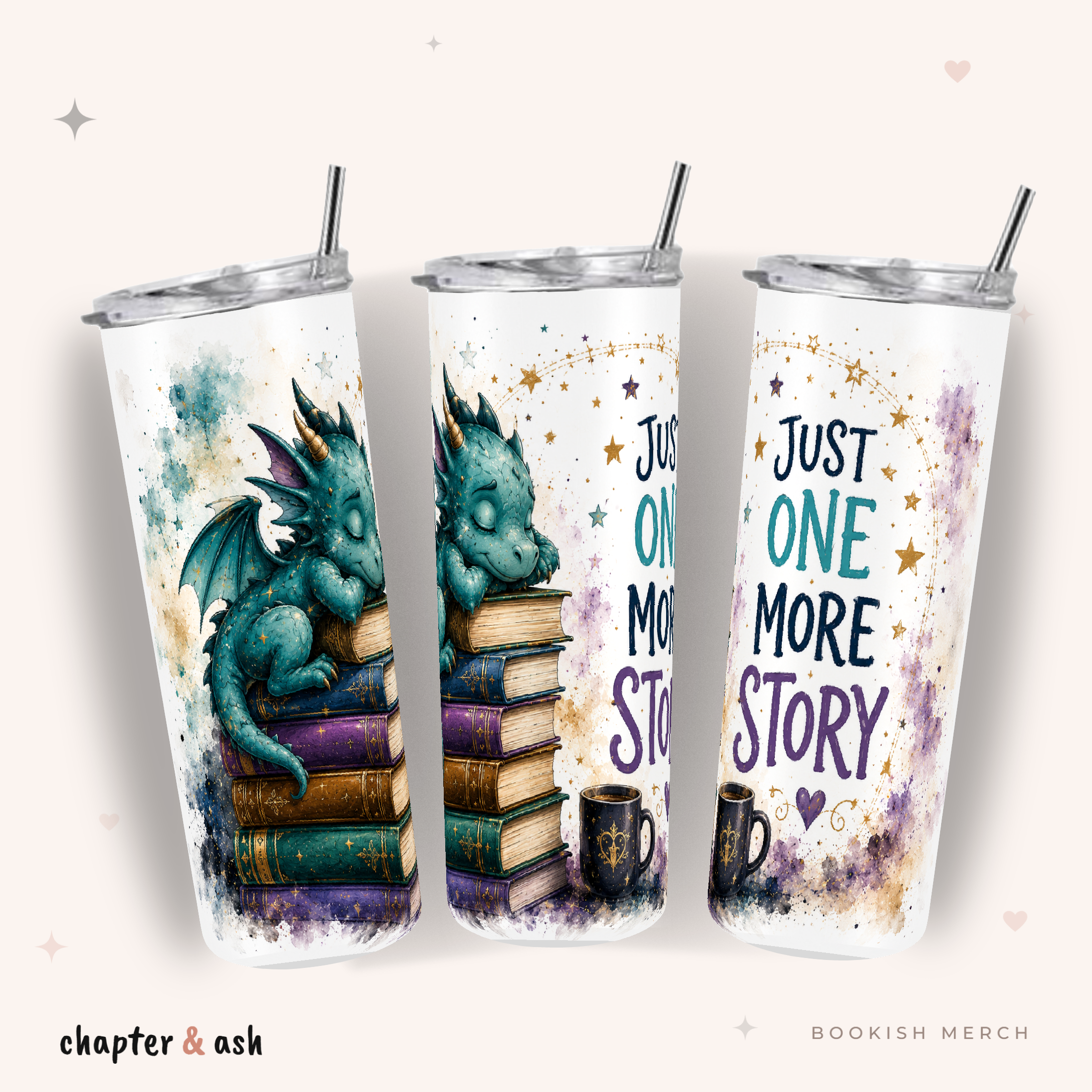 Just One More Story Thermobecher, Motiv rundum in Petrol, Violett, Gold