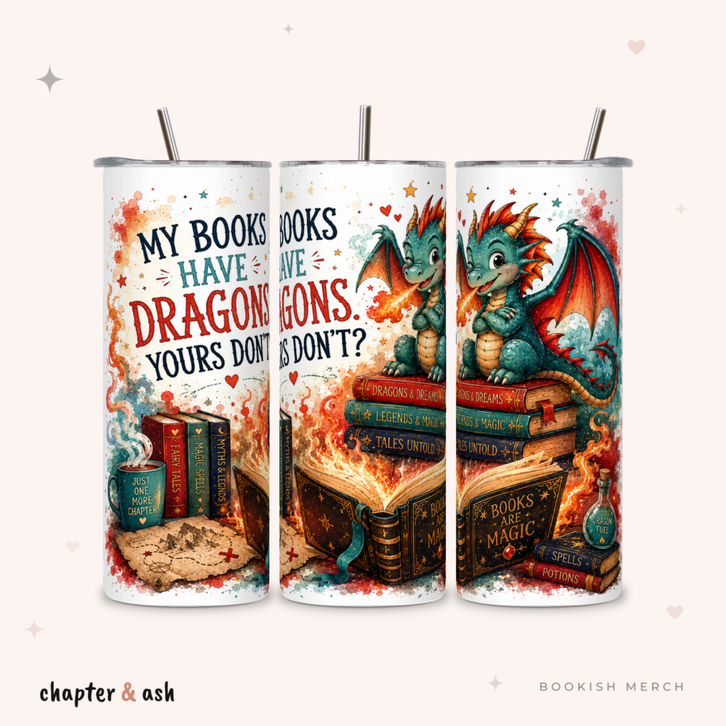 My Books Have Dragons Thermobecher aus Edelstahl, 590 ml, mit Motiv in Türkis, Rot, Orange