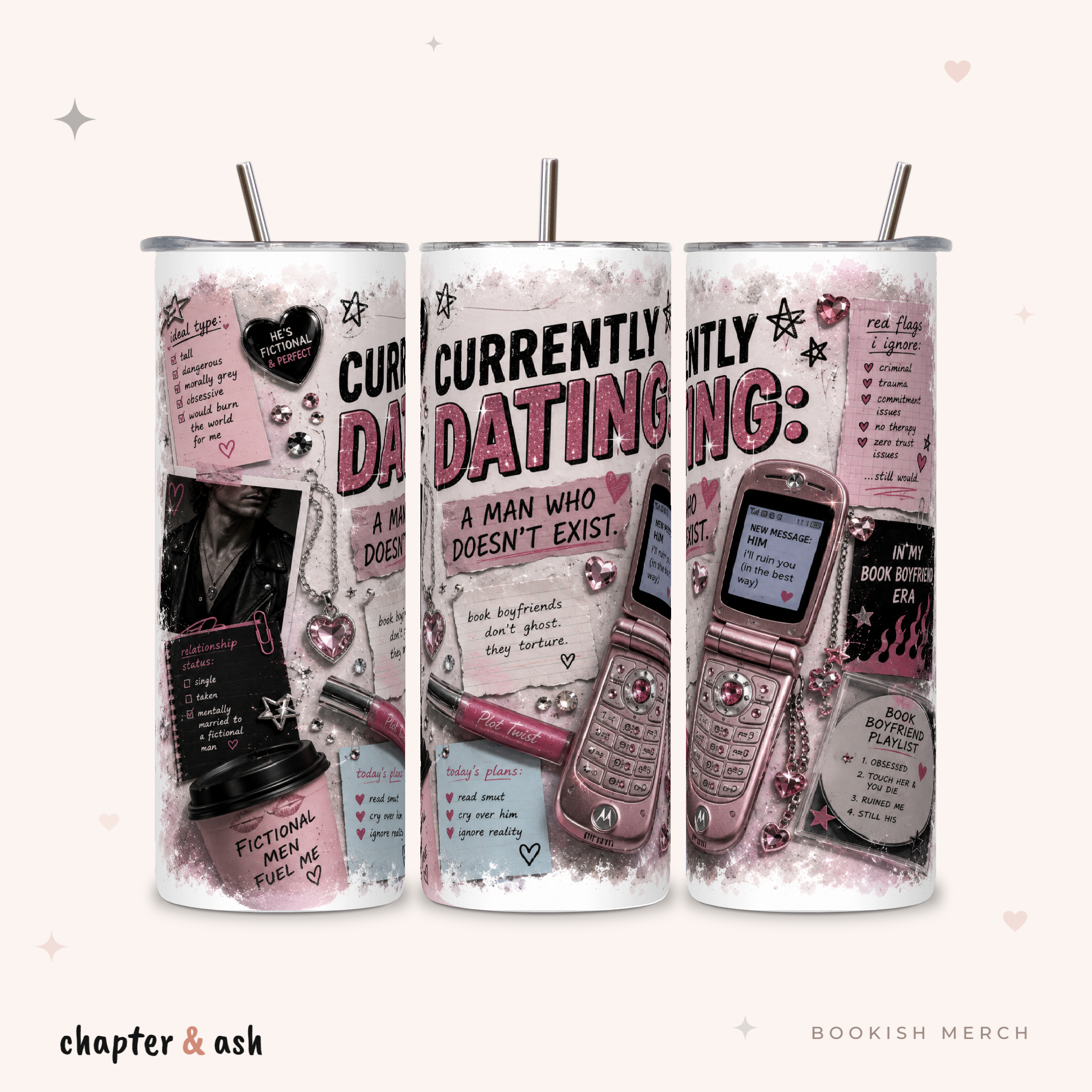 Currently Dating Book Boyfriends Thermobecher aus Edelstahl, 590 ml, mit Motiv in Schwarz, Weiß, Rosa