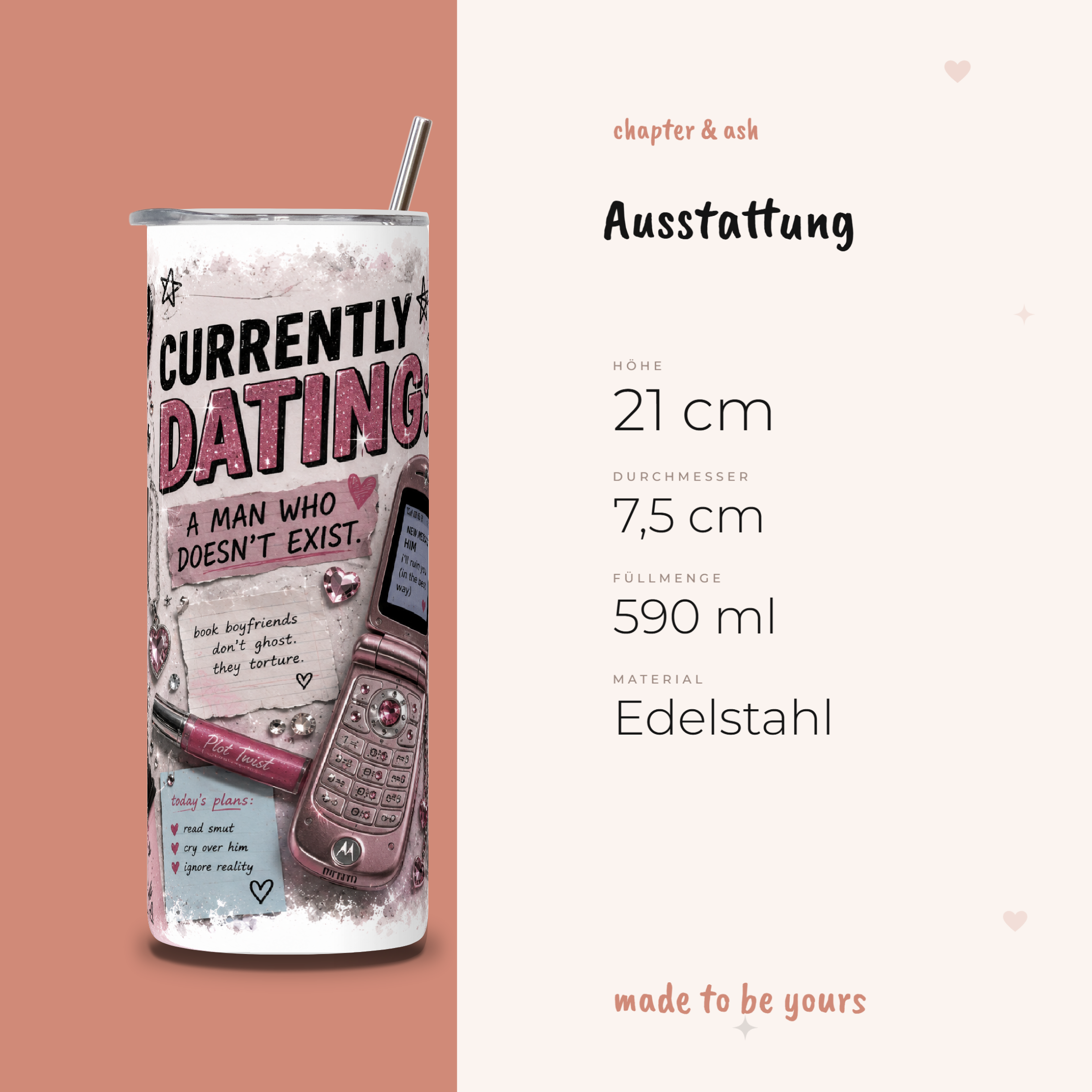 Currently Dating Book Boyfriends Thermobecher, 590 ml, mit Deckel und Edelstahlstrohhalm