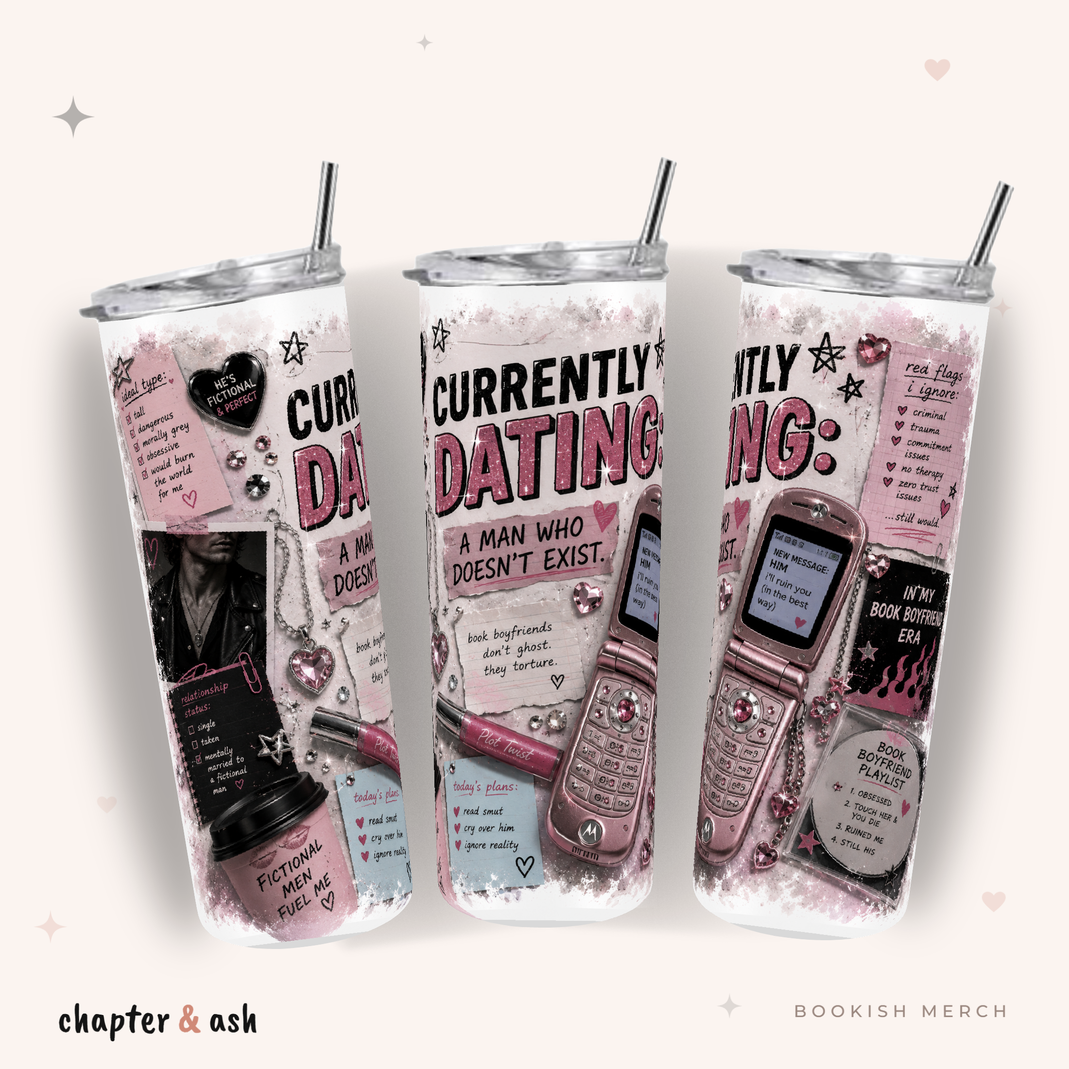 Currently Dating Book Boyfriends Thermobecher, Motiv rundum in Schwarz, Weiß, Rosa