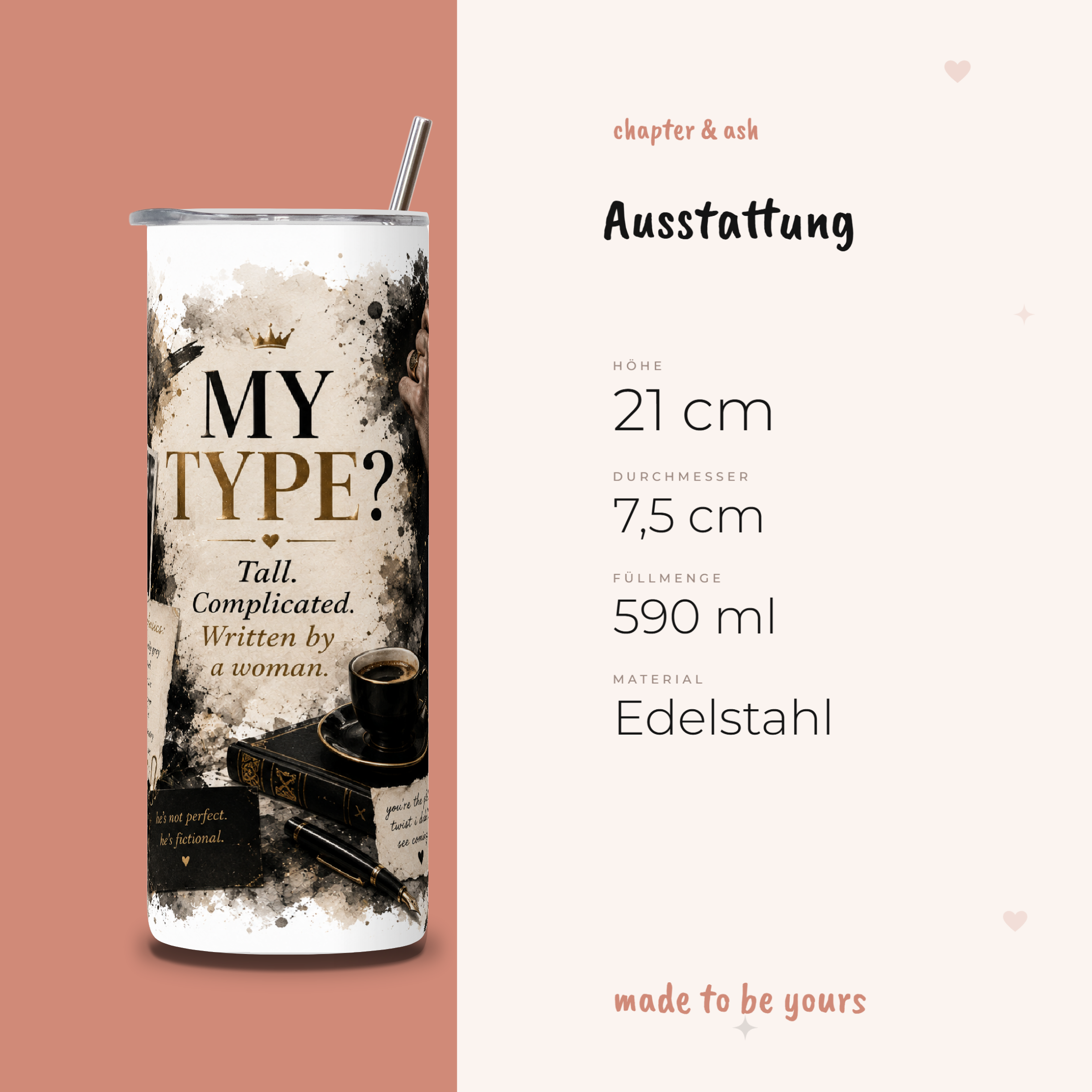 My Type Buchheld Thermobecher, 590 ml, mit Deckel und Edelstahlstrohhalm
