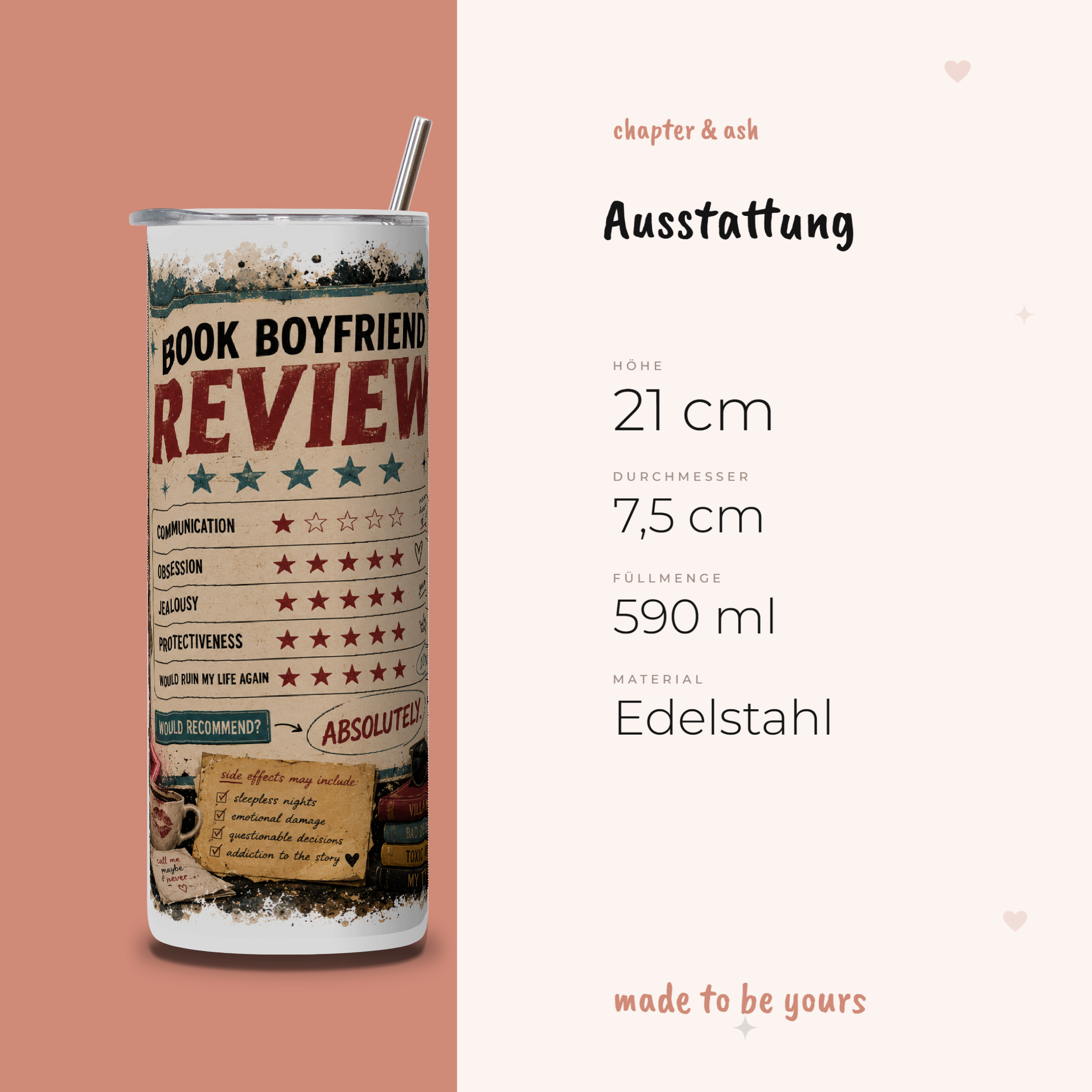 Book Boyfriend Review Thermobecher, 590 ml, mit Deckel und Edelstahlstrohhalm