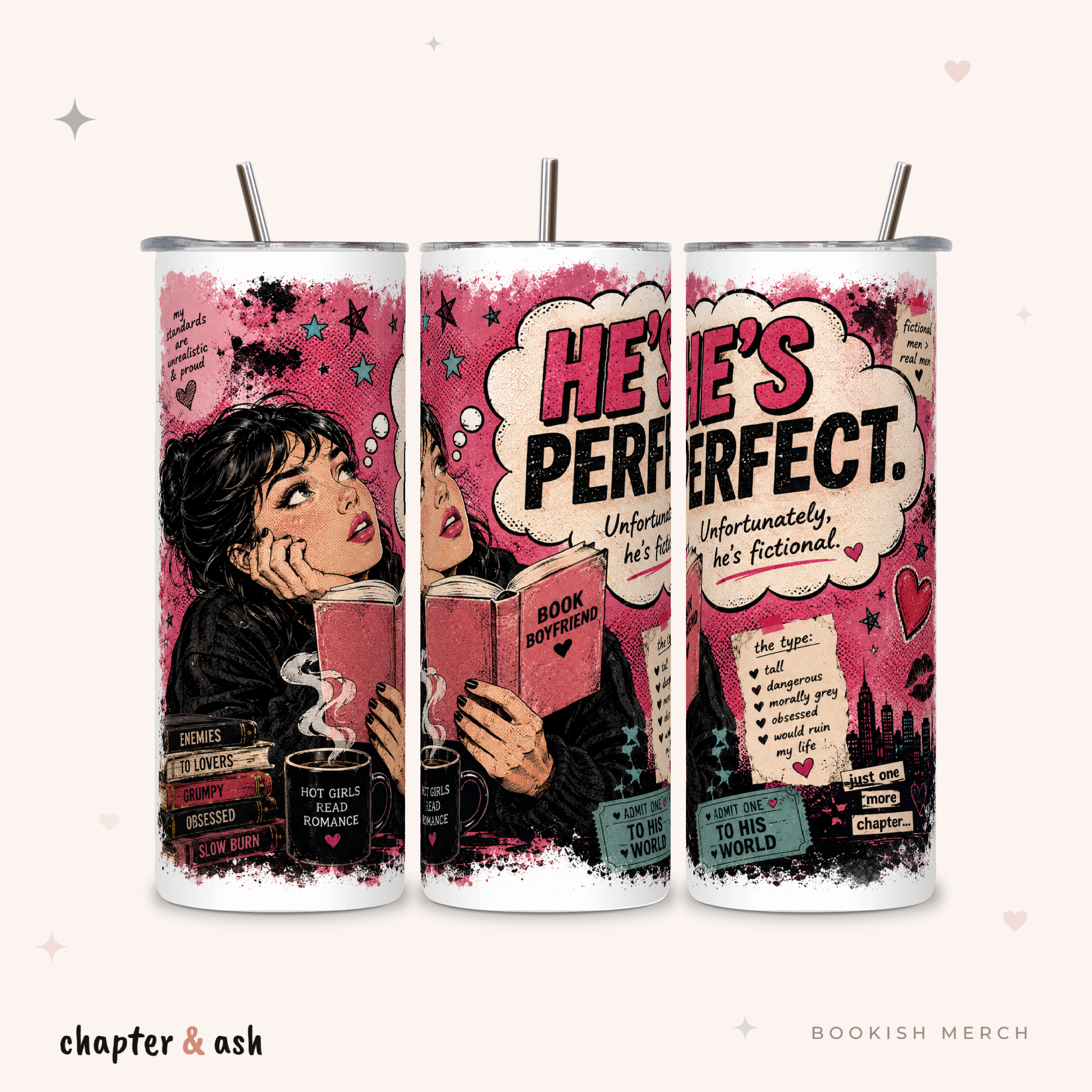 He’s Perfect Thermobecher aus Edelstahl, 590 ml, mit Motiv in Schwarz, Pink, Weiß