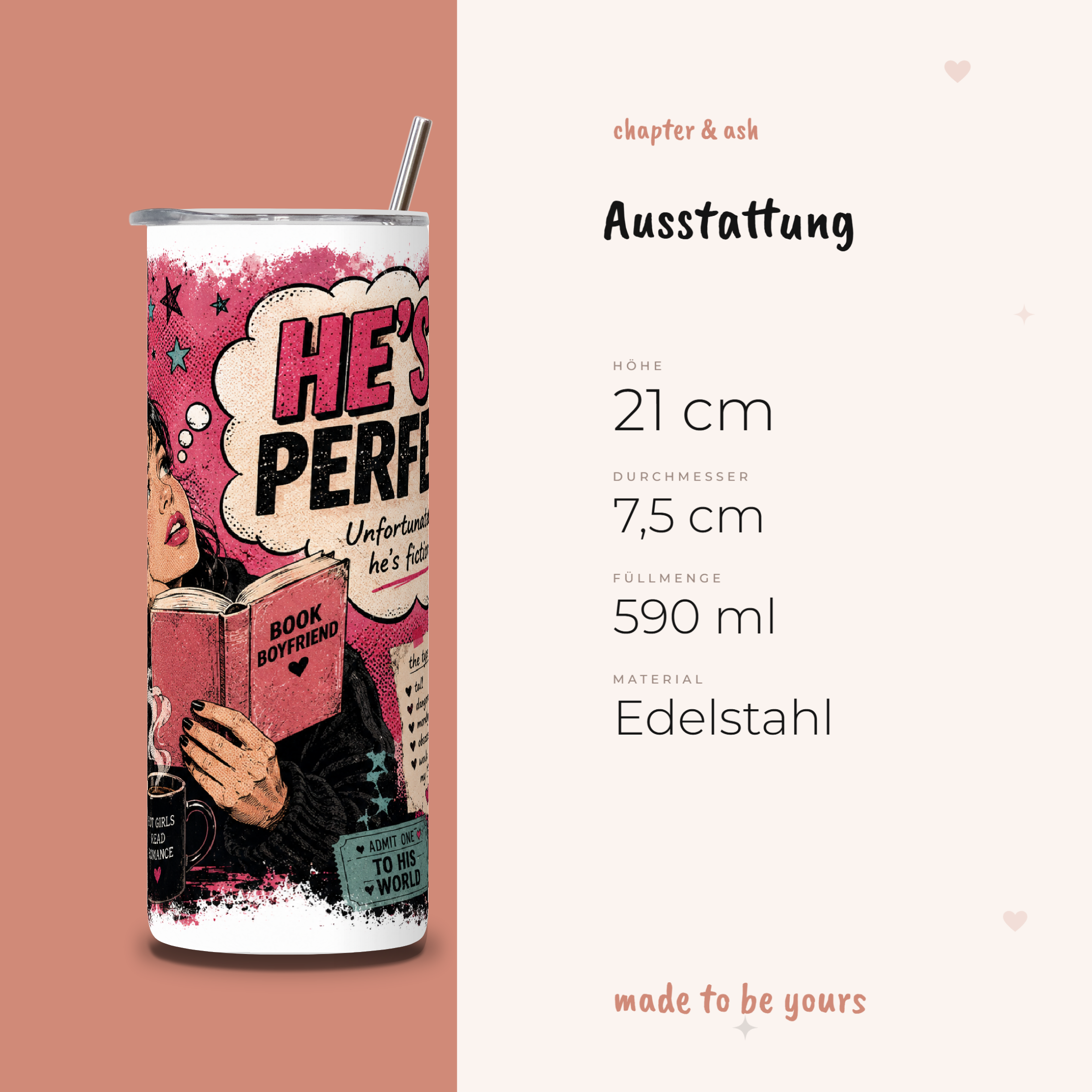 He’s Perfect Thermobecher, 590 ml, mit Deckel und Edelstahlstrohhalm