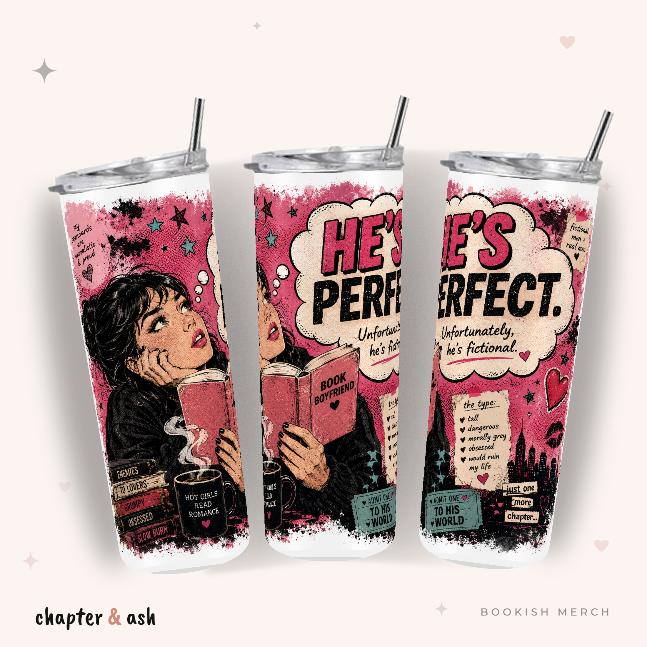 He’s Perfect Thermobecher, Motiv rundum in Schwarz, Pink, Weiß