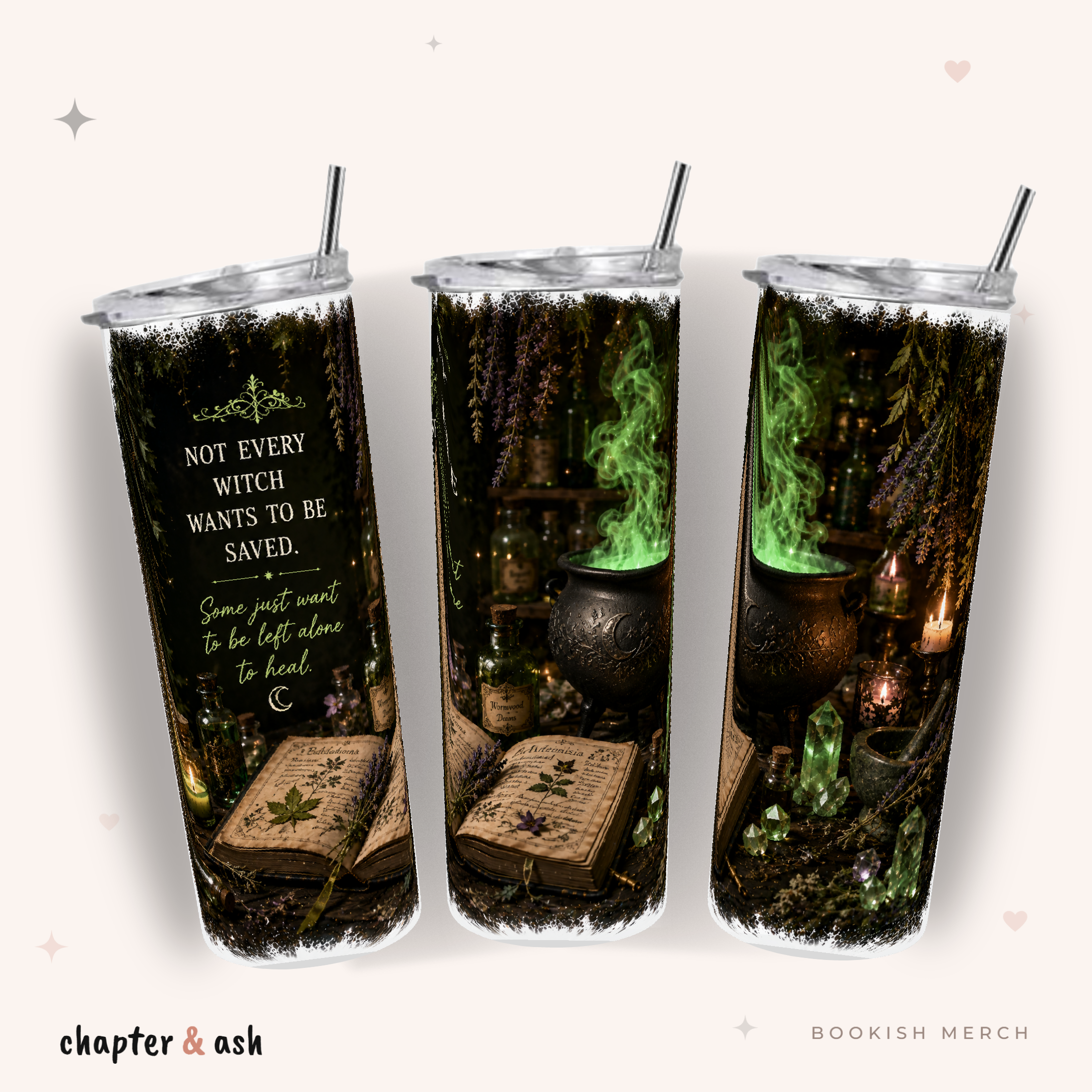 Witch Wants To Heal Thermobecher, Motiv rundum in Schwarz, Dunkelbraun, Braun