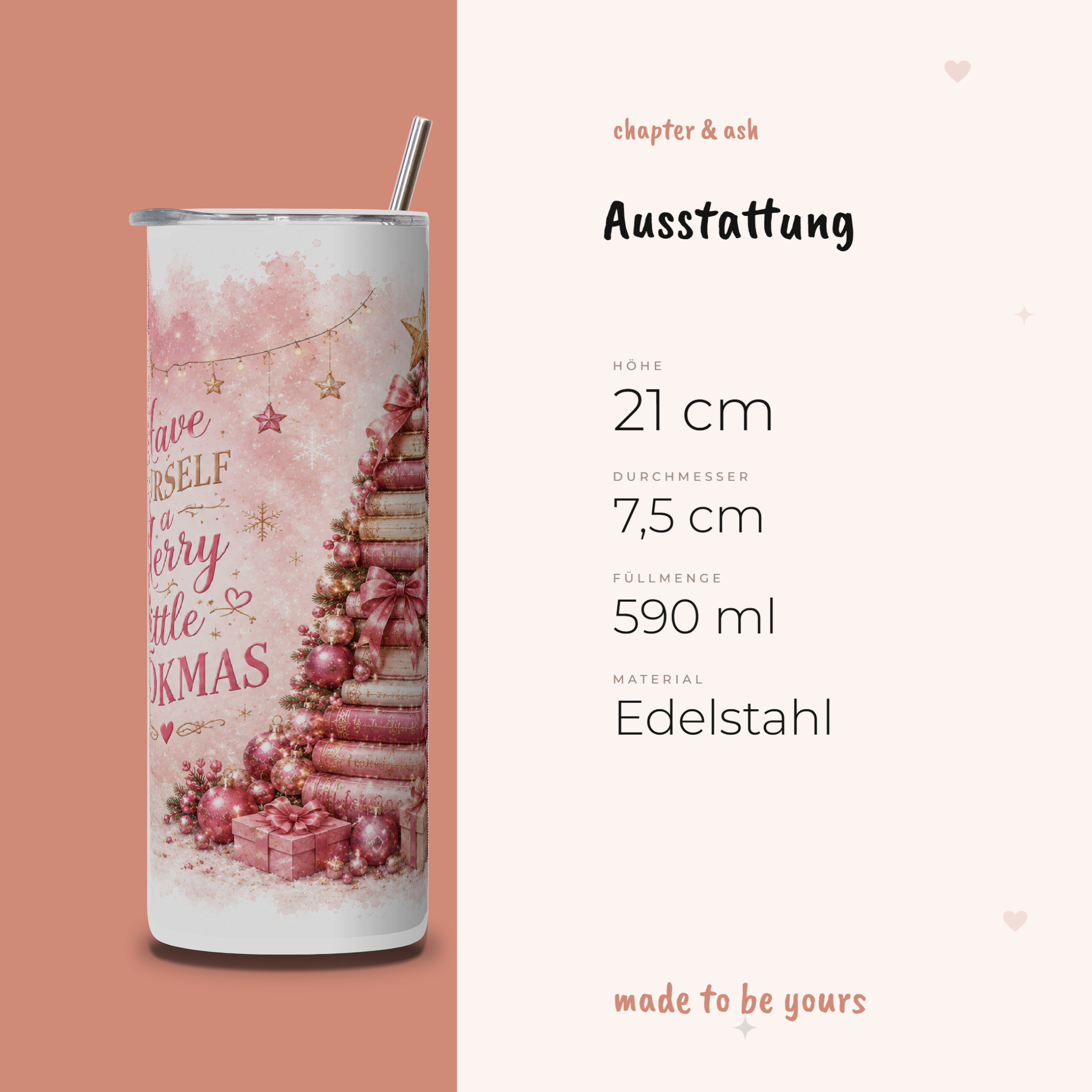 Merry Little Bookmas Thermobecher, 590 ml, mit Deckel und Edelstahlstrohhalm