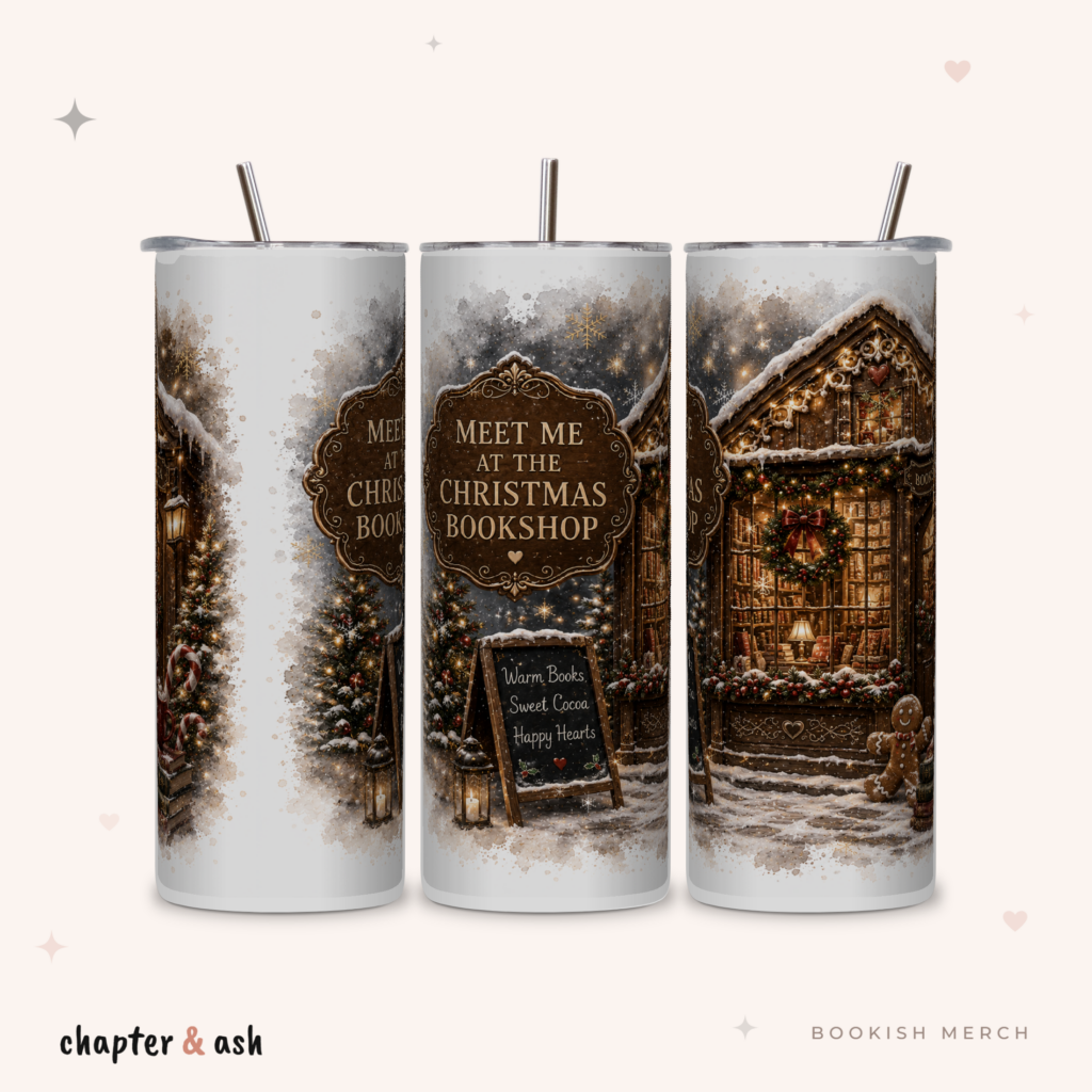 Meet Me at the Christmas Bookshop Thermobecher aus Edelstahl, 590 ml, mit Motiv in Dunkelbraun, Schwarz, Weiß