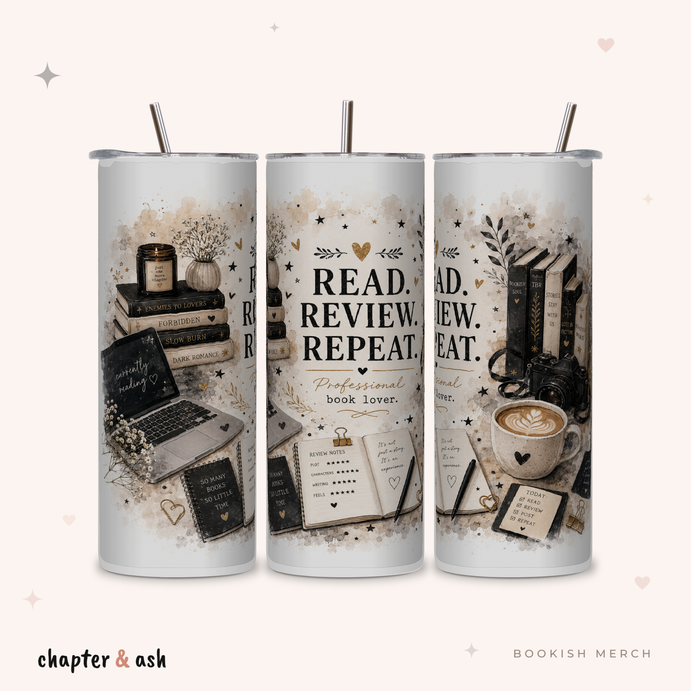 Read Review Repeat Thermobecher aus Edelstahl, 590 ml, mit Motiv in Weiß, Schwarz, Creme