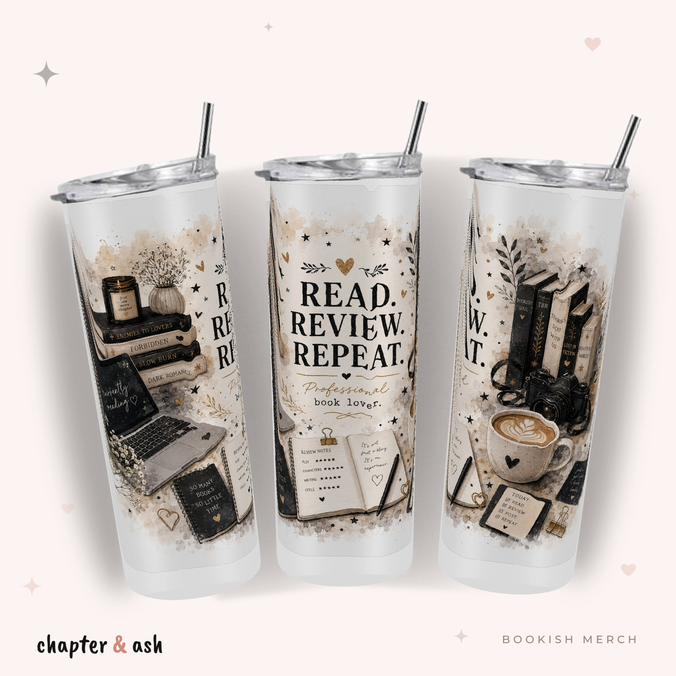 Read Review Repeat Thermobecher, Motiv rundum in Weiß, Schwarz, Creme