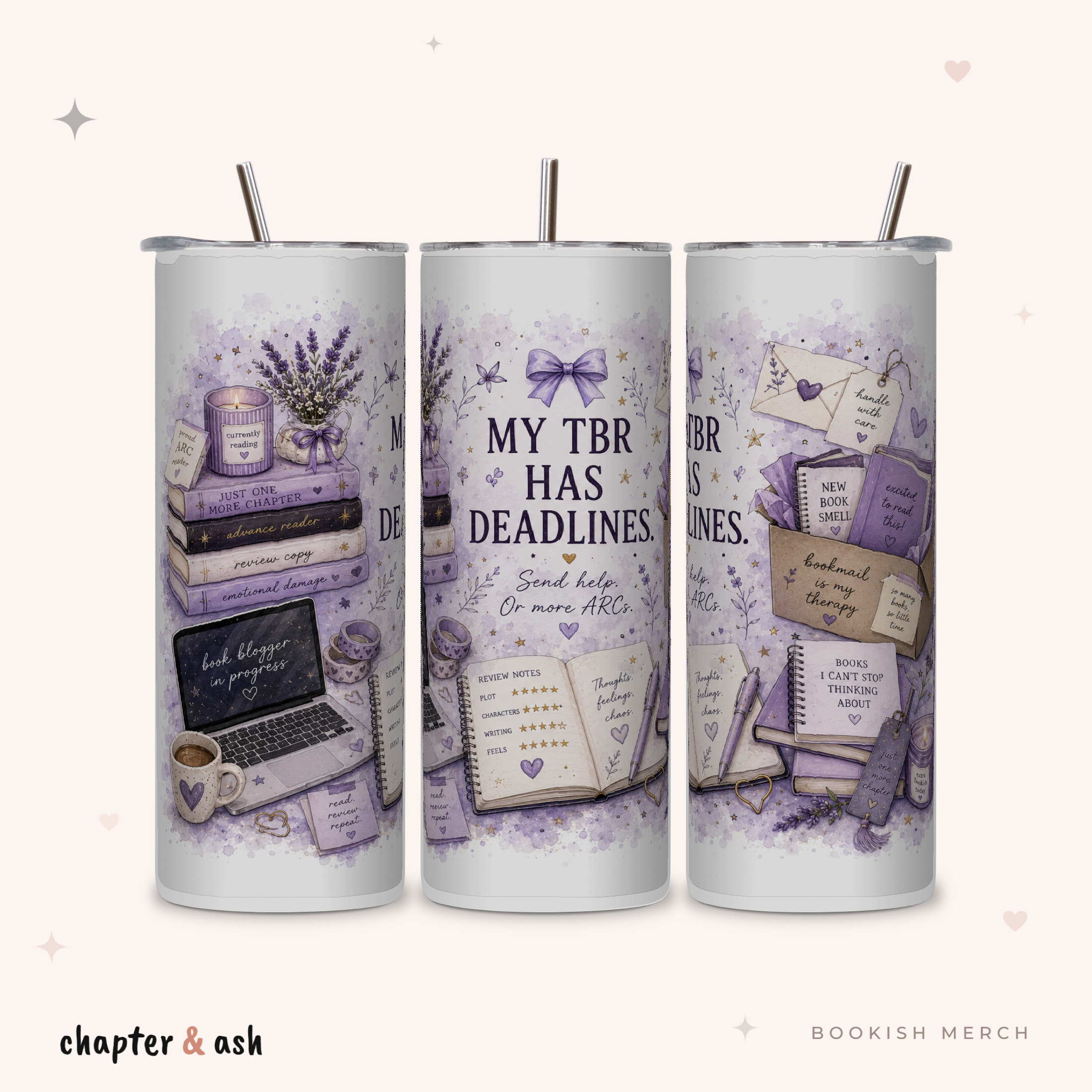 TBR Has Deadlines Thermobecher aus Edelstahl, 590 ml, mit Motiv in Weiß, Creme, Flieder