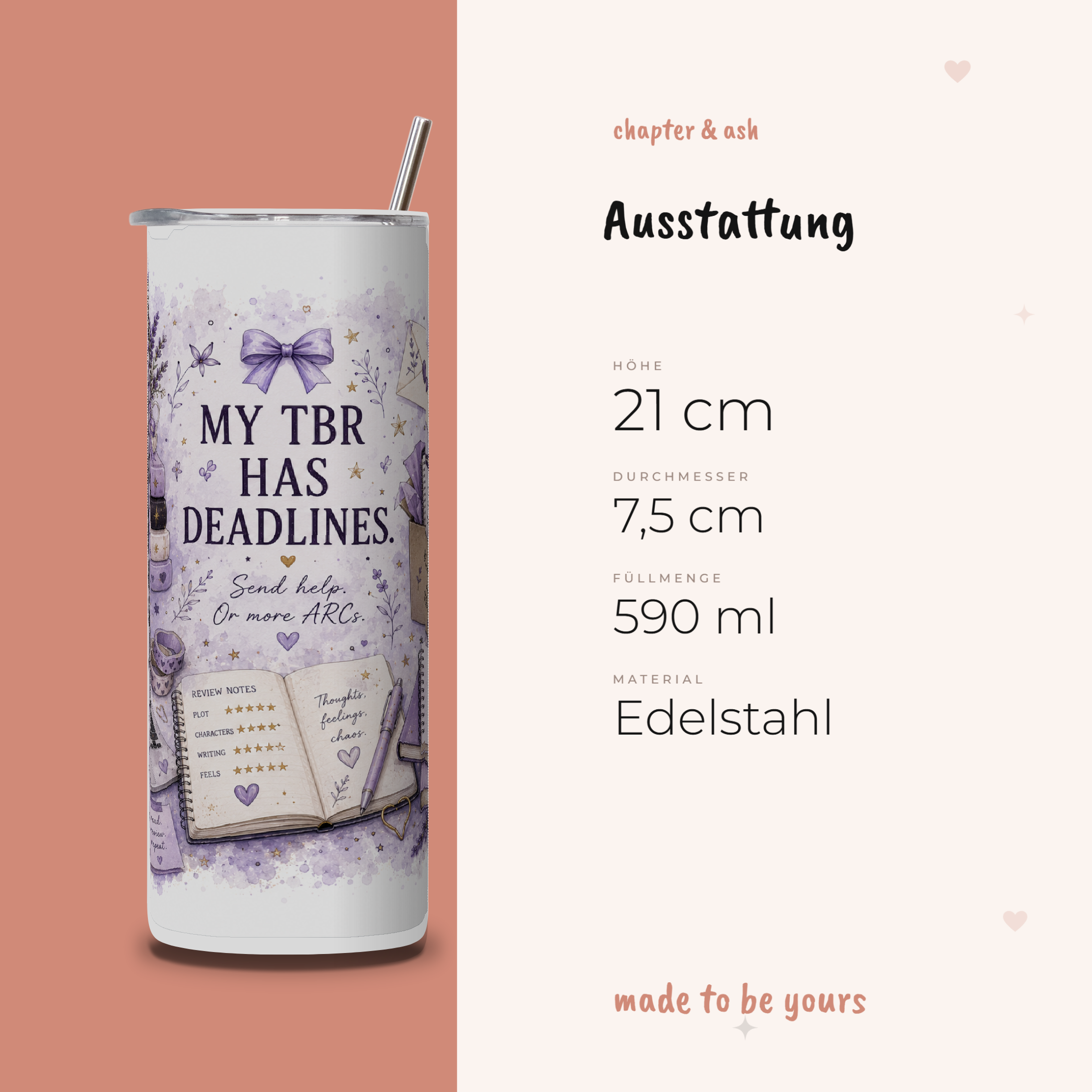 TBR Has Deadlines Thermobecher, Ausstattung: 21 cm hoch, 7,5 cm Durchmesser, 590 ml, Edelstahl