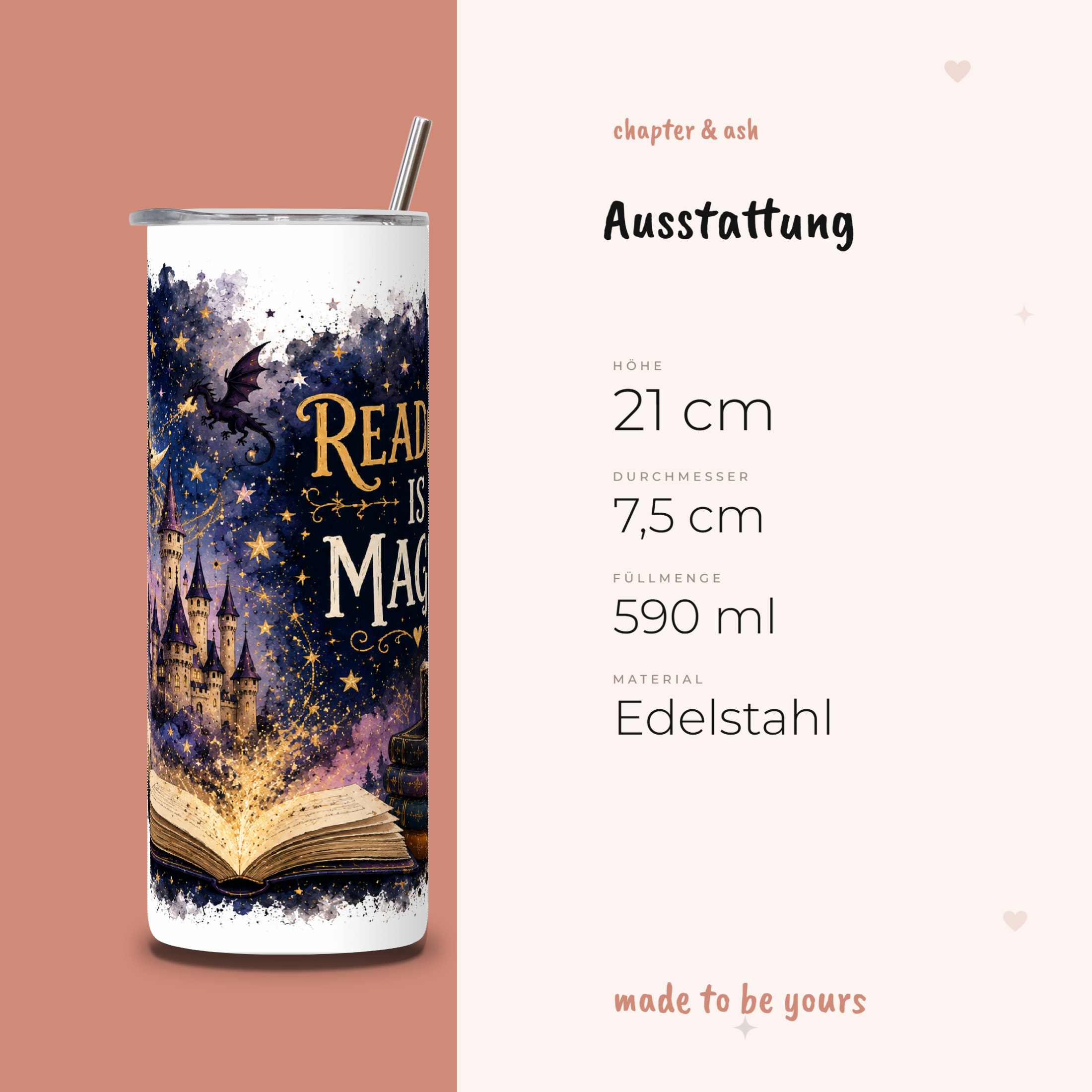 Reading is Magic Thermobecher aus Edelstahl, 590 ml, mit Motiv in Schwarz, Weiß, Dunkelblau
