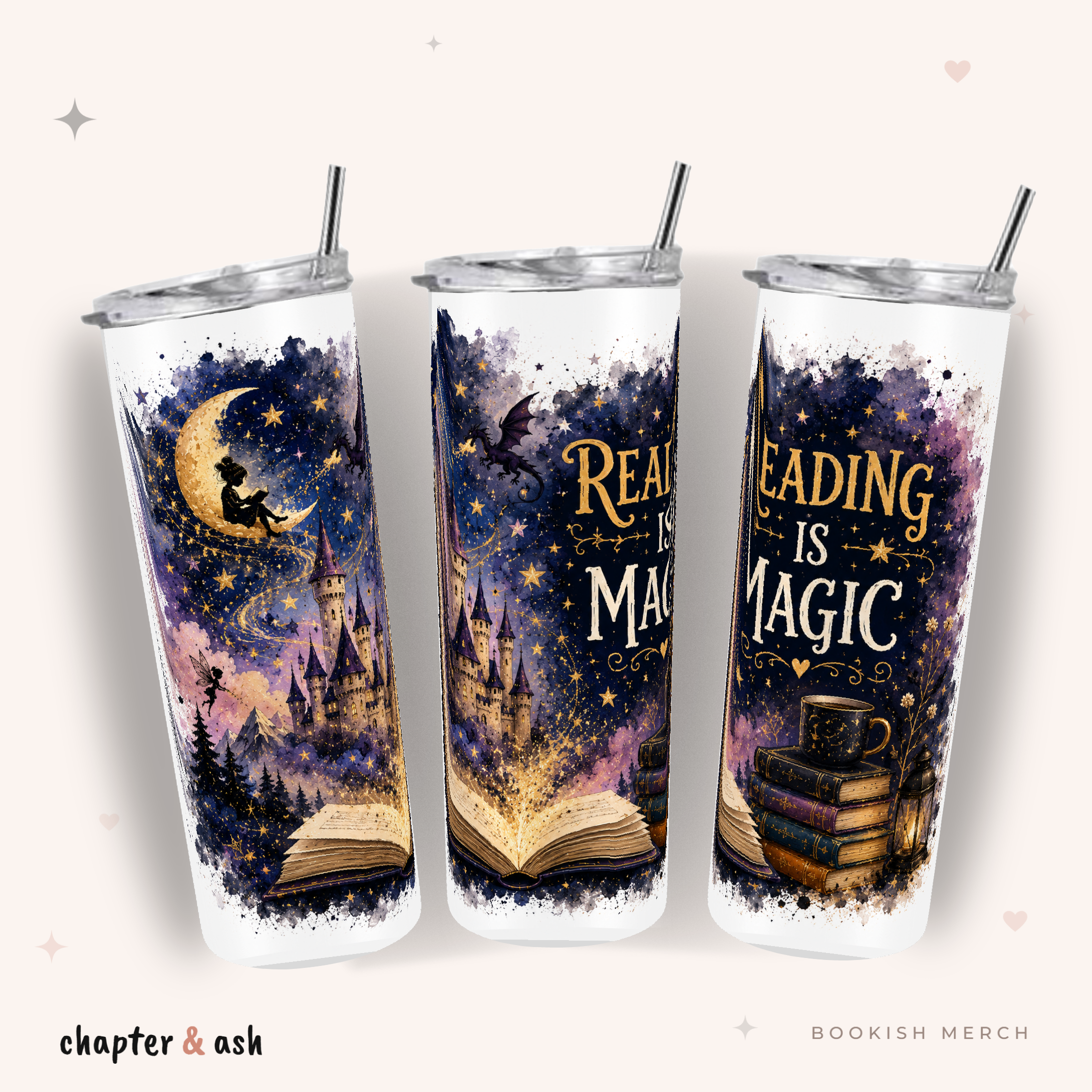 Reading is Magic Thermobecher, 590 ml, mit Deckel und Edelstahlstrohhalm