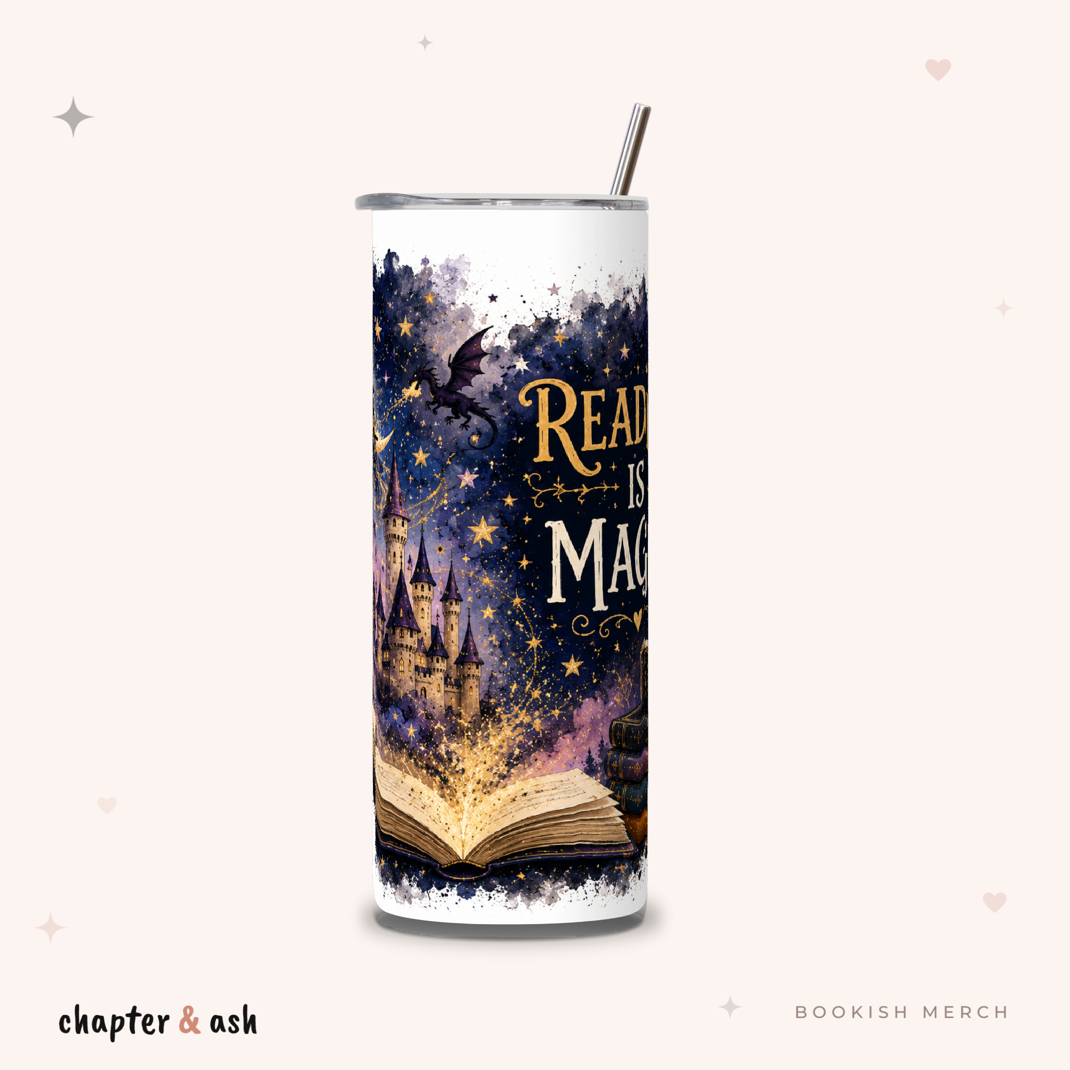 Reading is Magic Thermobecher, Motiv rundum in Schwarz, Weiß, Dunkelblau