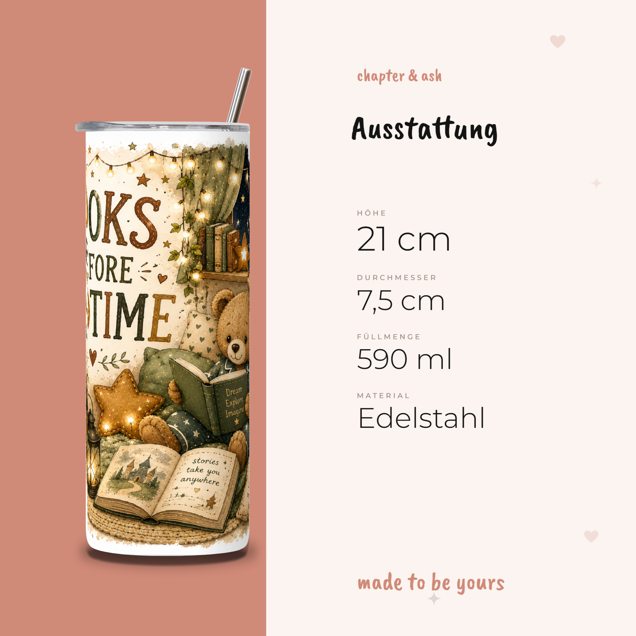 Books Before Bedtime Thermobecher aus Edelstahl, 590 ml, mit Motiv in Dunkelbraun, Braun, Sand