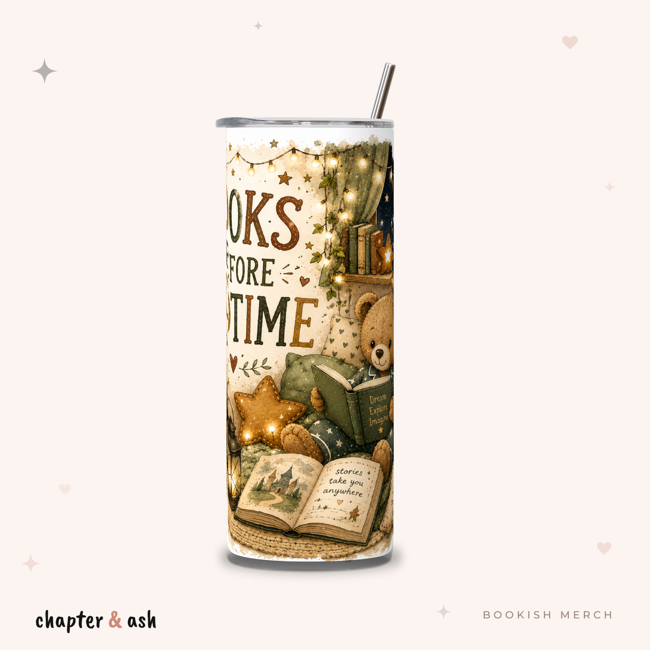 Books Before Bedtime Thermobecher, Motiv rundum in Dunkelbraun, Braun, Sand