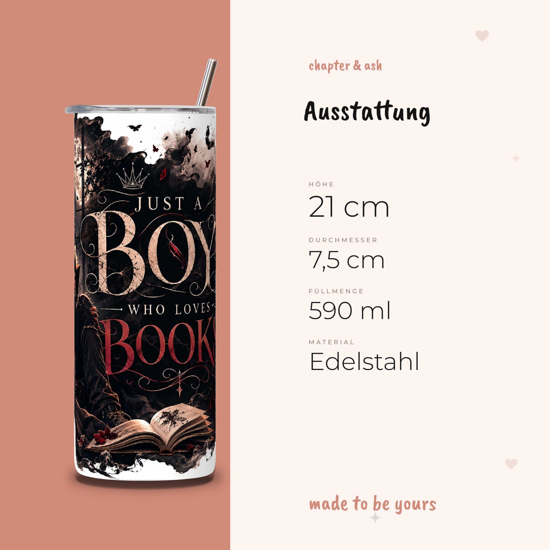 Just a Boy Who Loves Books Thermobecher, Ausstattung: 21 cm hoch, 7,5 cm Durchmesser, 590 ml, Edelstahl