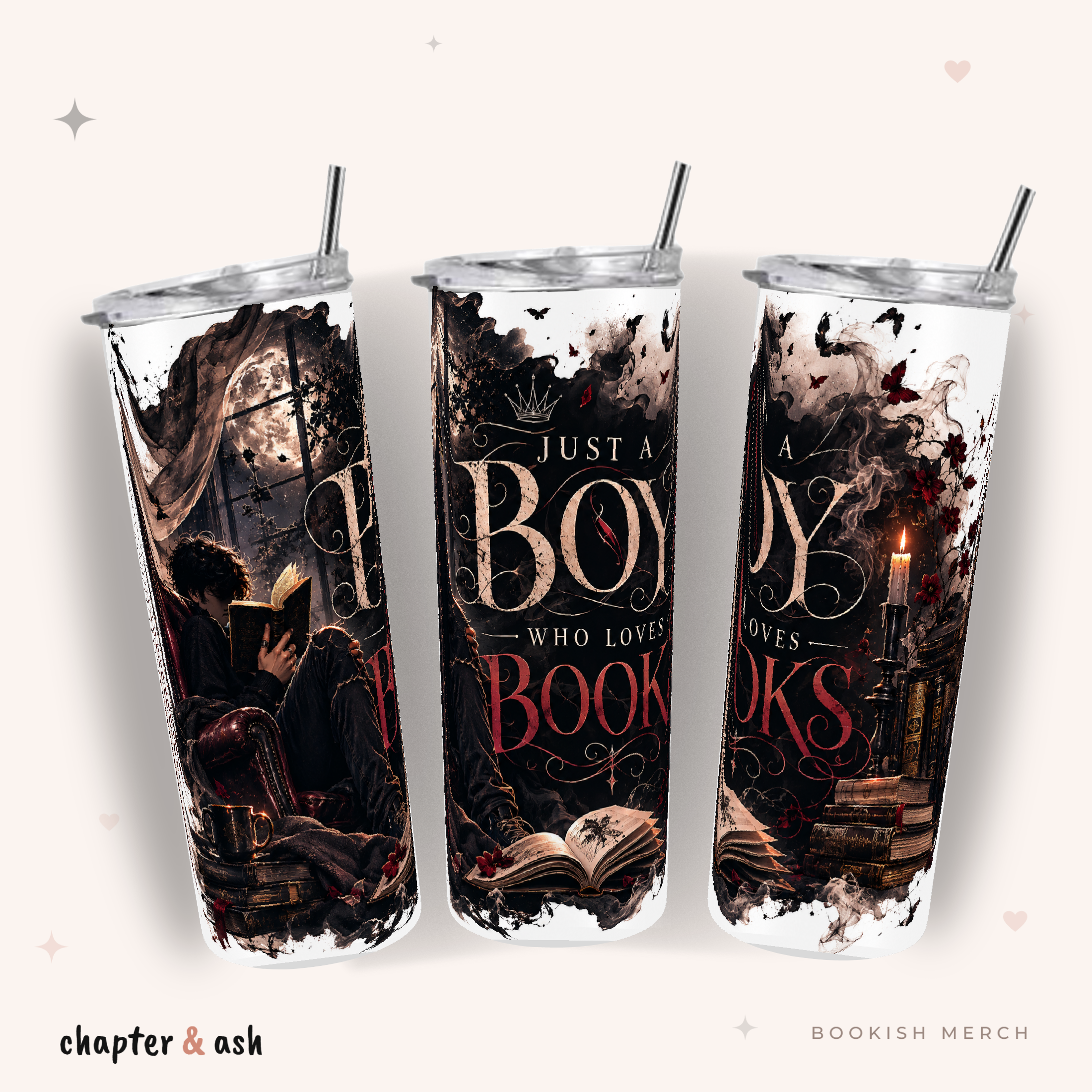 Just a Boy Who Loves Books Thermobecher aus Edelstahl, 590 ml, mit Motiv in Schwarz, Bordeaux, Gold