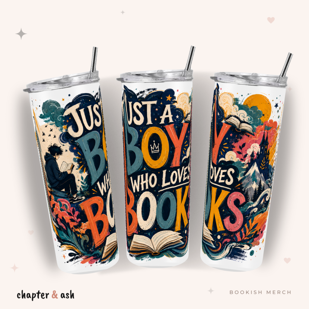 Just a Boy Who Loves Books Thermobecher aus Edelstahl, 590 ml, mit Motiv in Marineblau, Orange, Kupfer
