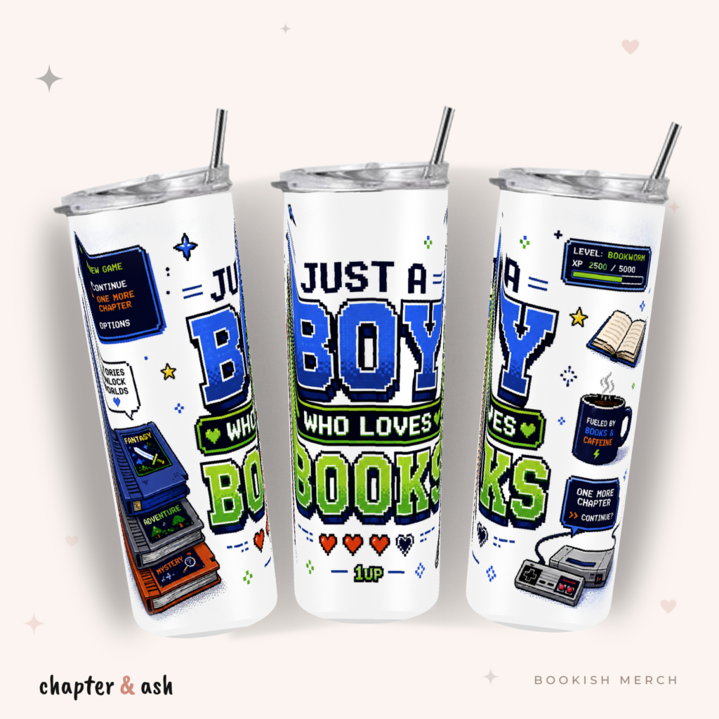 Just a Boy Who Loves Books Thermobecher aus Edelstahl, 590 ml, mit Motiv in Blau, Weiß, Grün