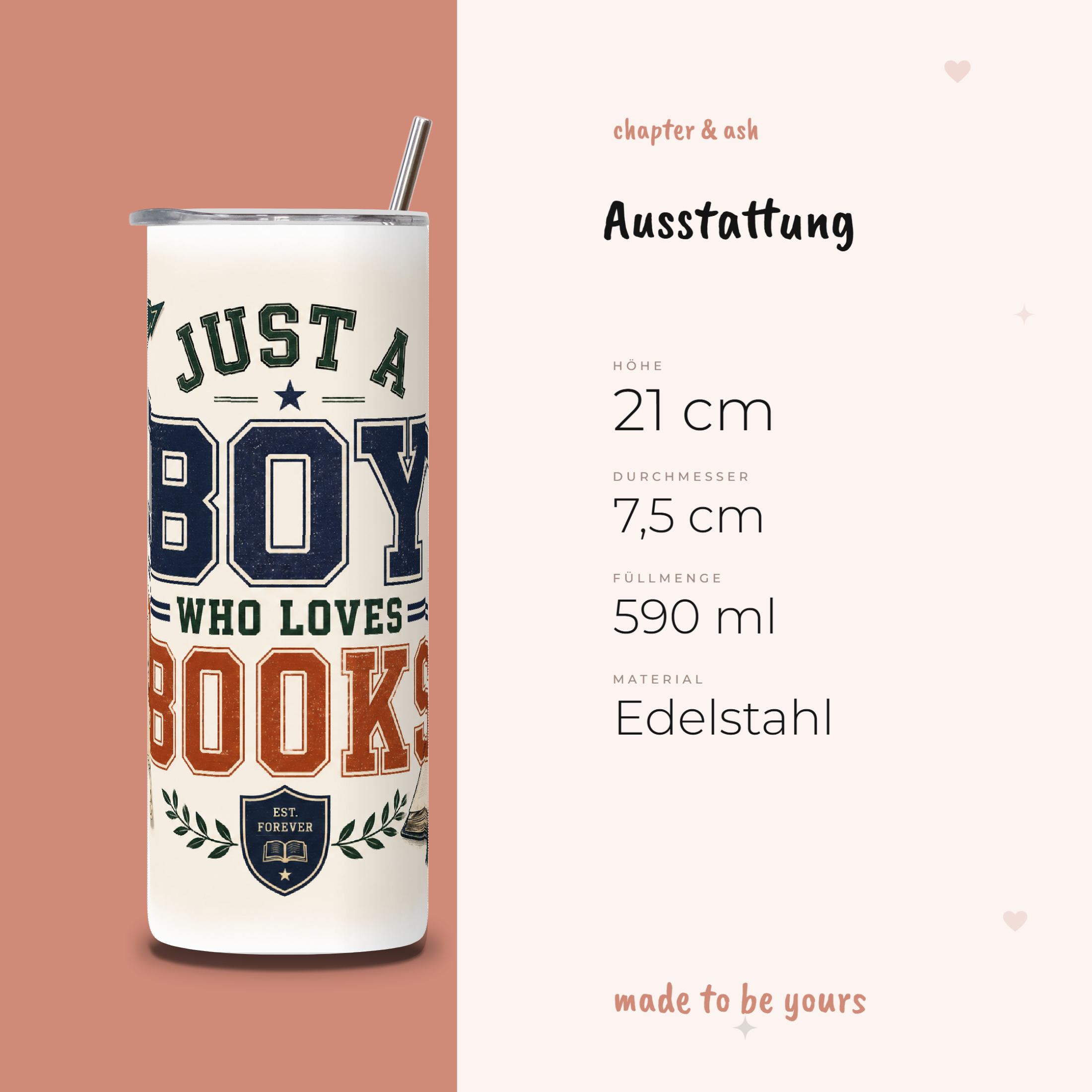 Just a Boy Who Loves Books Thermobecher aus Edelstahl, 590 ml, mit Motiv in Cremeweiß, Marineblau, Rostrot