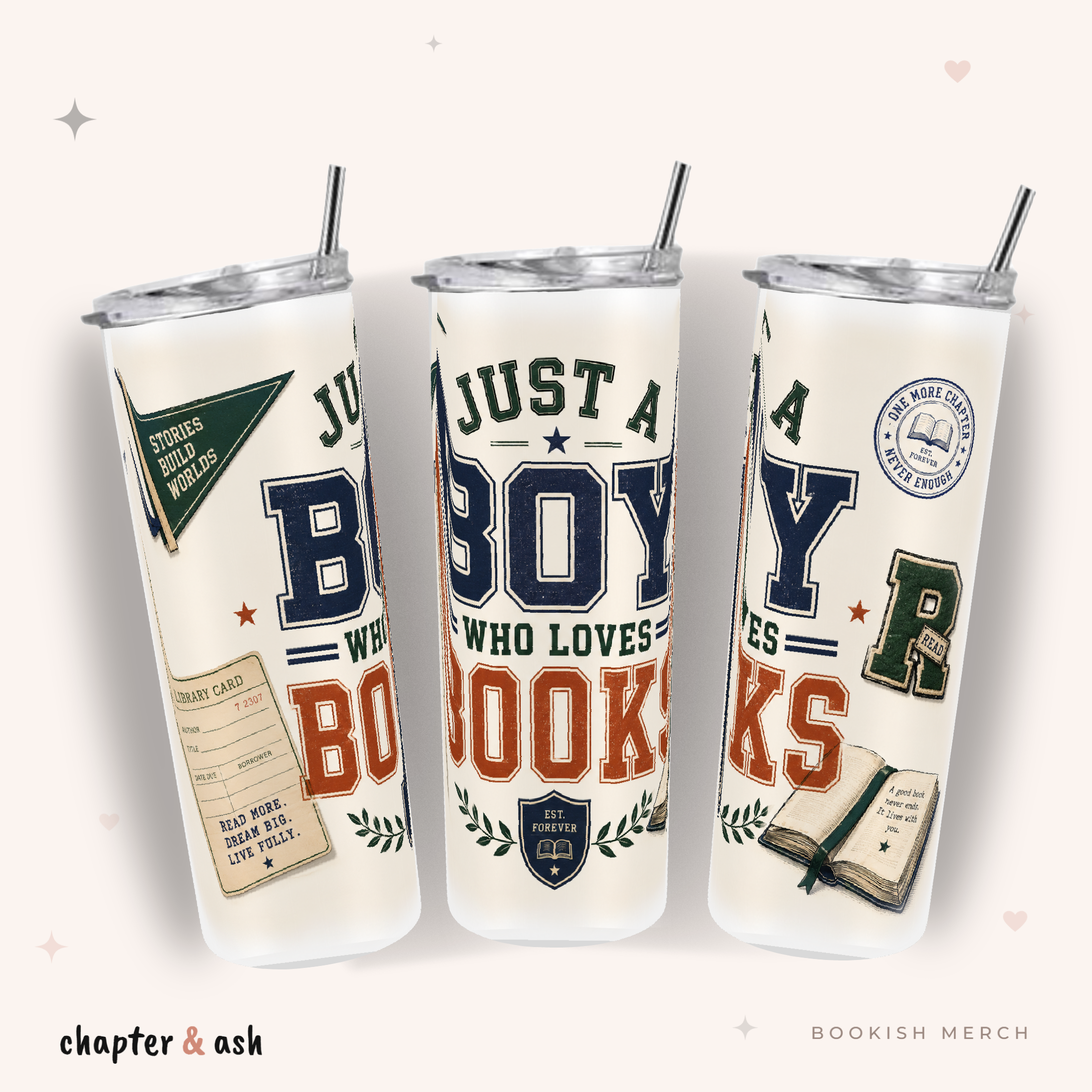 Just a Boy Who Loves Books Thermobecher, 590 ml, mit Deckel und Edelstahlstrohhalm