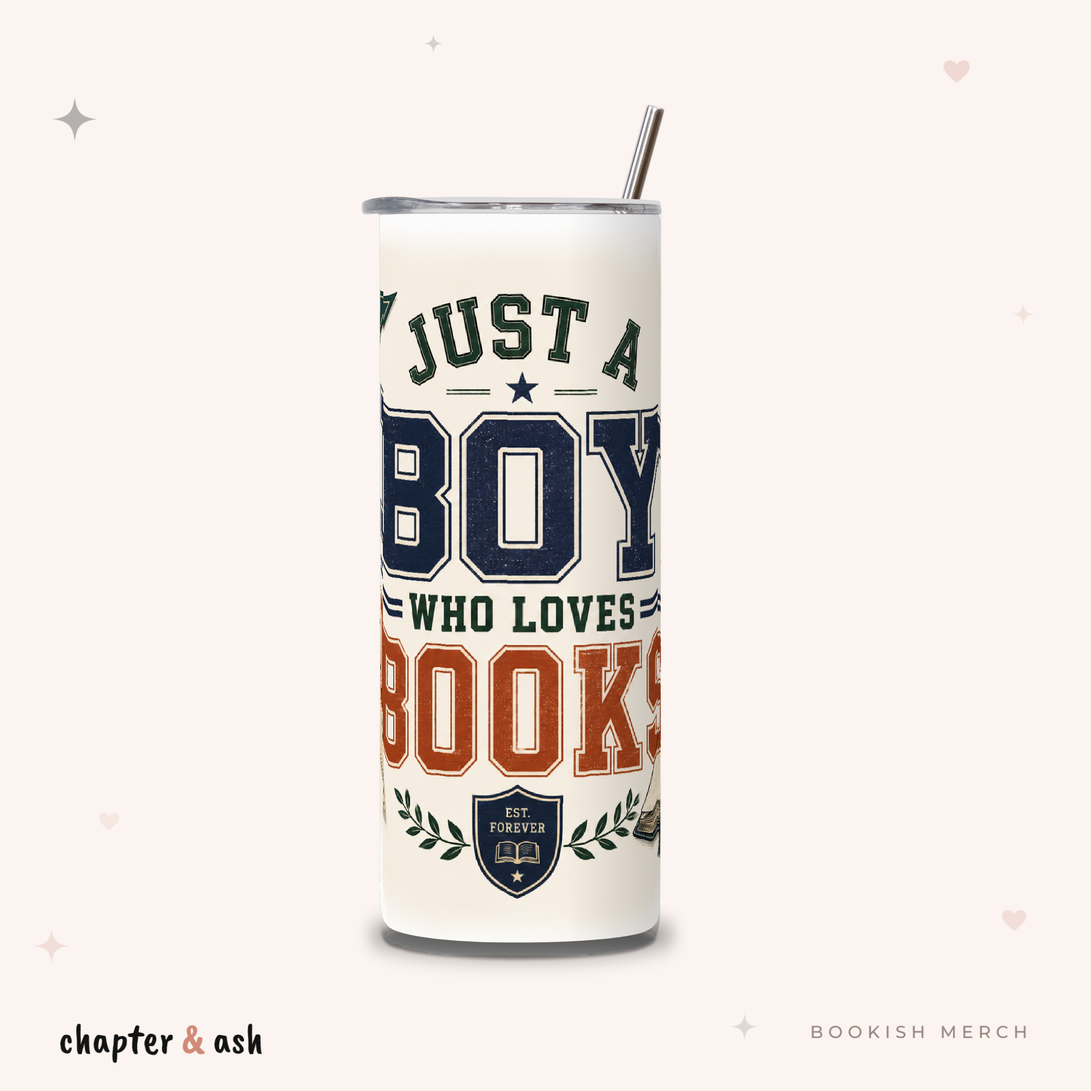Just a Boy Who Loves Books Thermobecher, Motiv rundum in Cremeweiß, Marineblau, Rostrot