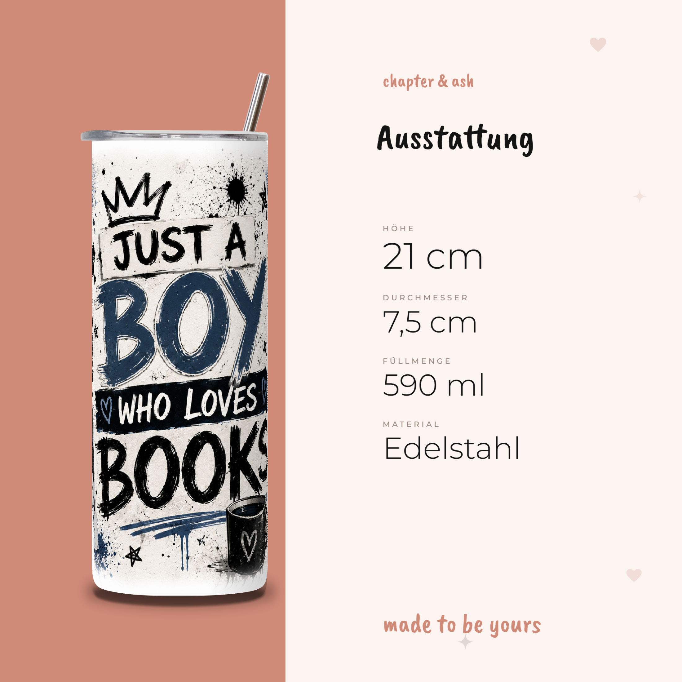 Just a Boy Who Loves Books Thermobecher, Ausstattung: 21 cm hoch, 7,5 cm Durchmesser, 590 ml, Edelstahl
