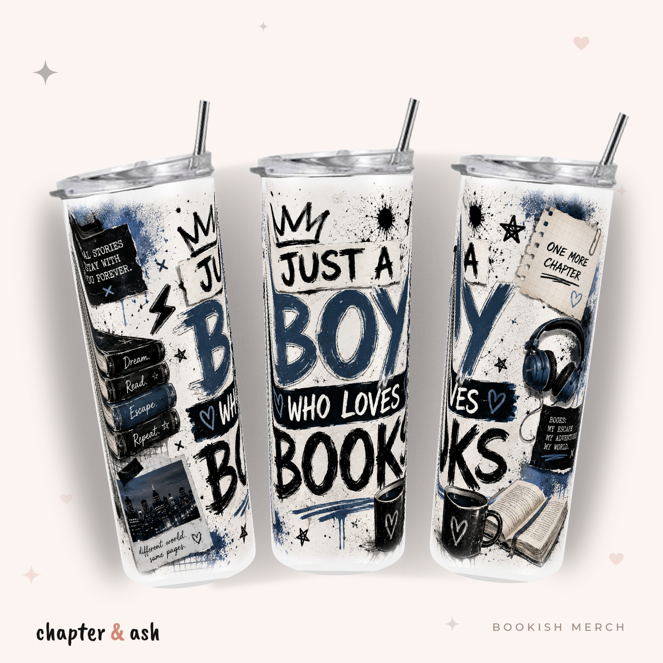 Just a Boy Who Loves Books Thermobecher aus Edelstahl, 590 ml, mit Motiv in Schwarz, Cremeweiß, Dunkelblau