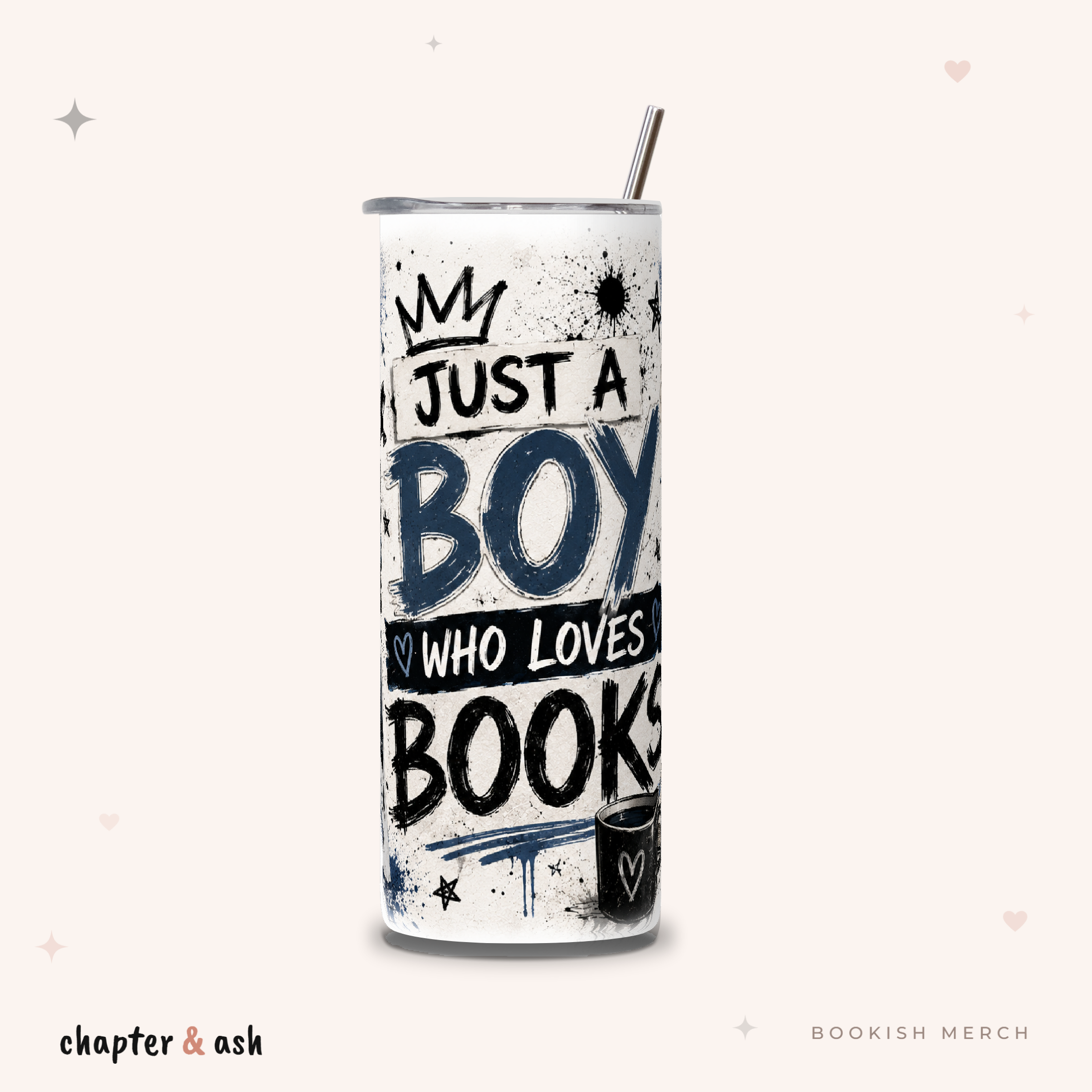 Just a Boy Who Loves Books Thermobecher, Motiv rundum in Schwarz, Cremeweiß, Dunkelblau