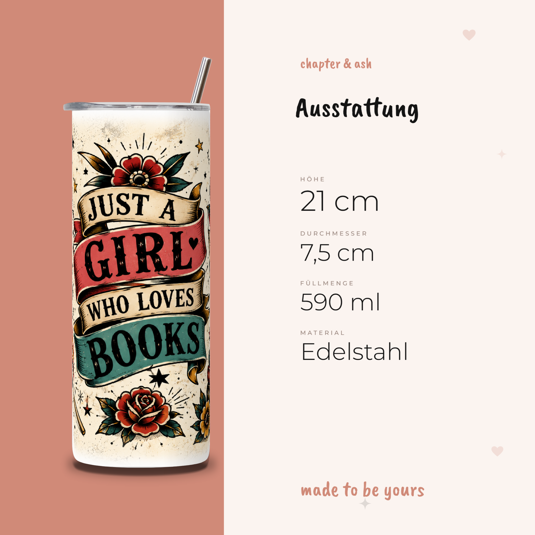 Just a Girl Who Loves Books Thermobecher aus Edelstahl, 590 ml, mit Motiv in Schwarz, Rot, Kupfer