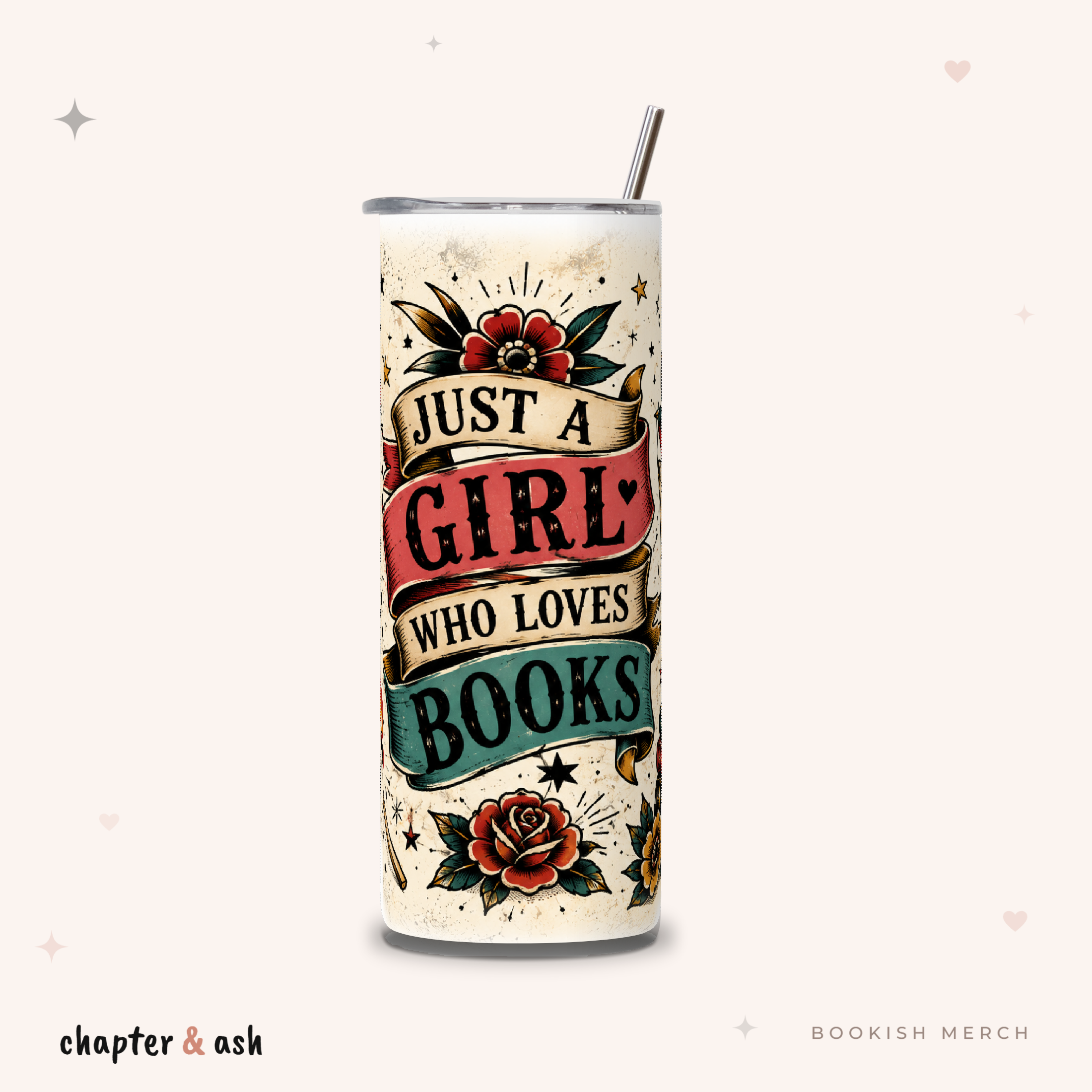 Just a Girl Who Loves Books Thermobecher, Motiv rundum in Schwarz, Rot, Kupfer